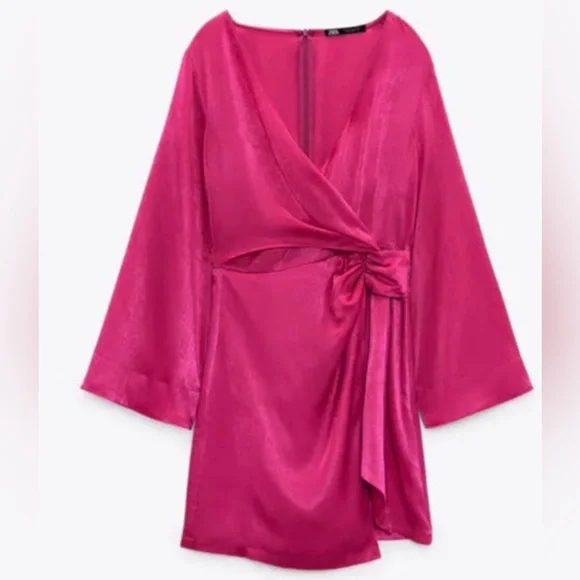 fuchsia satin dress zara Zara Women NEW Ruched SATIN EFFECT PRINT WRAP DRESS FUCHSIA PINK 4688/329 XS S M